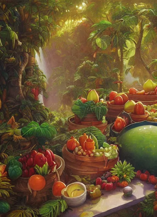 Image similar to a beautiful painting of pots filled with fruits and food in the jungle, close up, abundance, art by christophe vacher