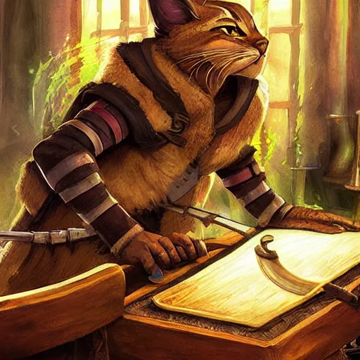 Prompt: Tabaxi bard playing in a tavern, D&D fantasy, trending, epic detail, professional art