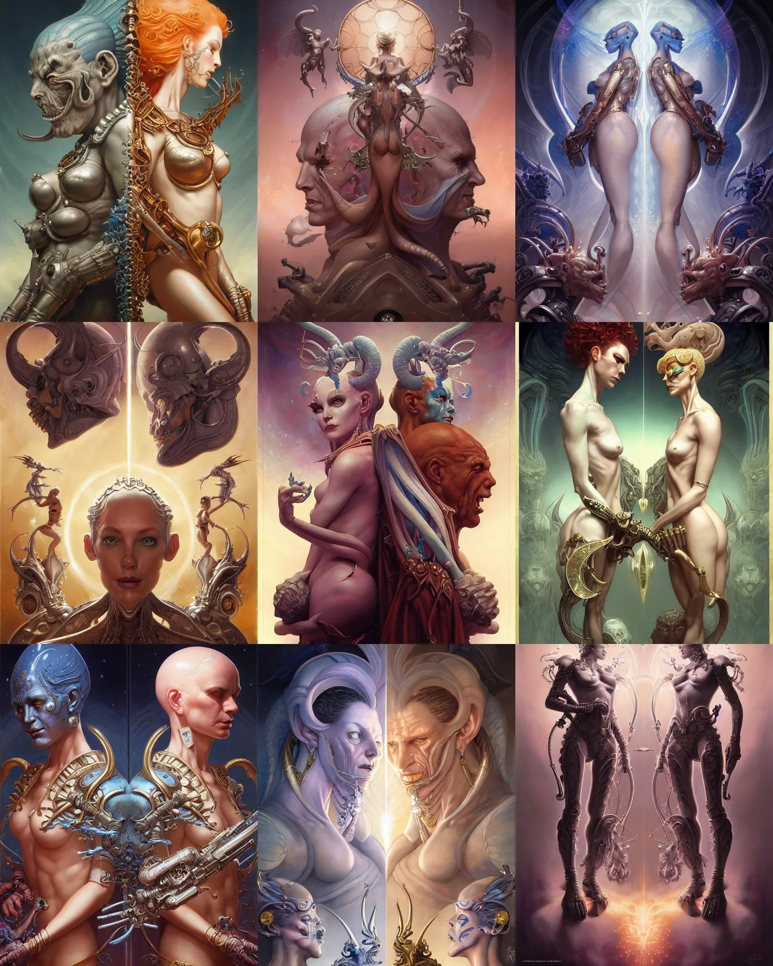 Image similar to beautiful gemini good and evil fantasy character portrait, ultra realistic, wide angle, intricate details, the fifth element artifacts, highly detailed by peter mohrbacher, hajime sorayama, wayne barlowe, boris vallejo, aaron horkey, gaston bussiere, craig mullins