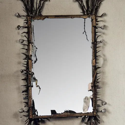 Image similar to a mirror with skeletal decaying arms reaching thru