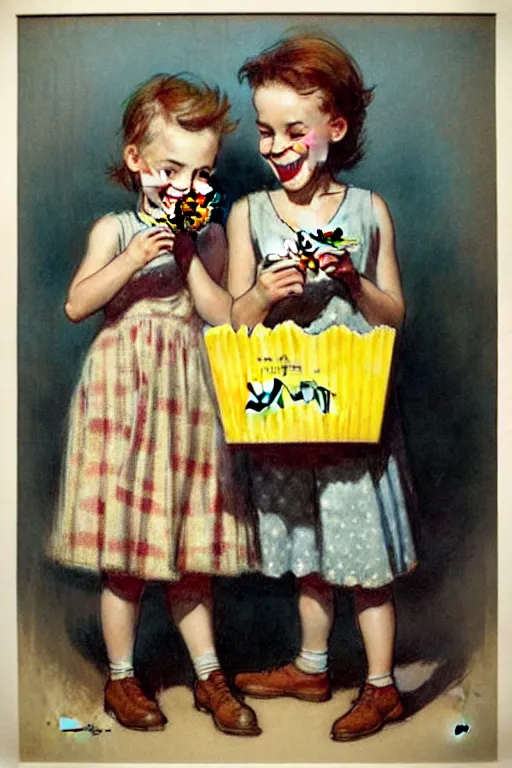 Prompt: (((((1950s kids eating popcorn . muted colors.))))) by Jean-Baptiste Monge !!!!!!!!!!!!!!!!!!!!!!!!!!!