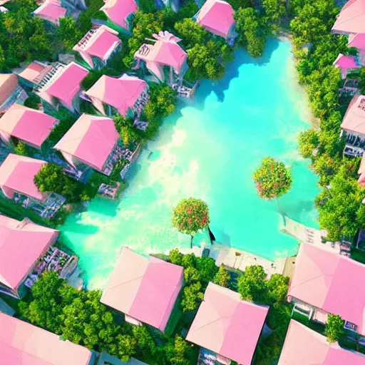 Image similar to a beautiful render of a pink, green, and blue island paradise from above by makoto shinkai, soft details, graphic art