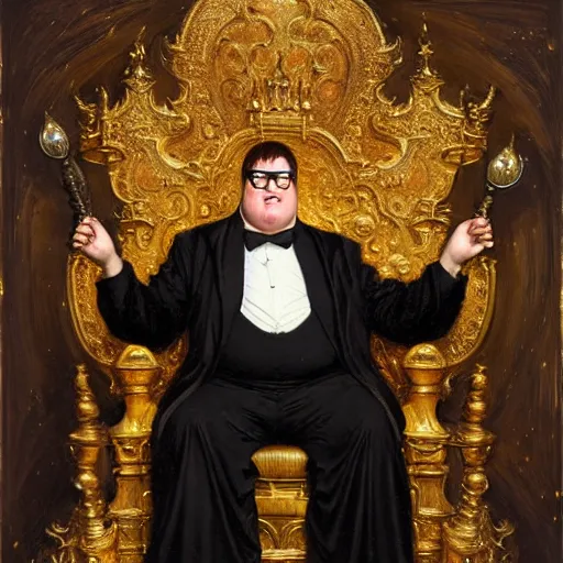Prompt: perfectly centered portrait of peter griffin in gold gothic robe sitting on a throne of black bones, highly detailed painting by gaston bussiere, craig mullins, j. c. leyendecker, 8 k, mid shot