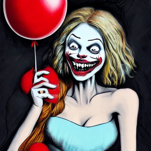 Image similar to grunge cartoon painting of margot robbie with a wide smile and a red balloon by chris leib, loony toons style, pennywise style, corpse bride style, horror theme, detailed, elegant, intricate