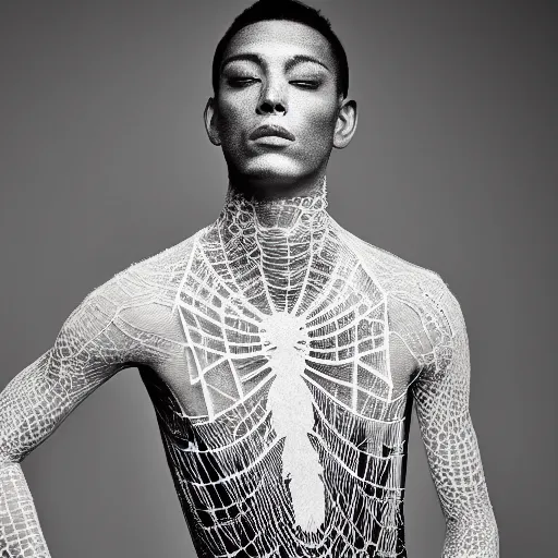 Prompt: a portrait of a beautiful young male wearing an alexander mcqueen bodysuit made of spiderweb lace , photographed by andrew thomas huang, artistic