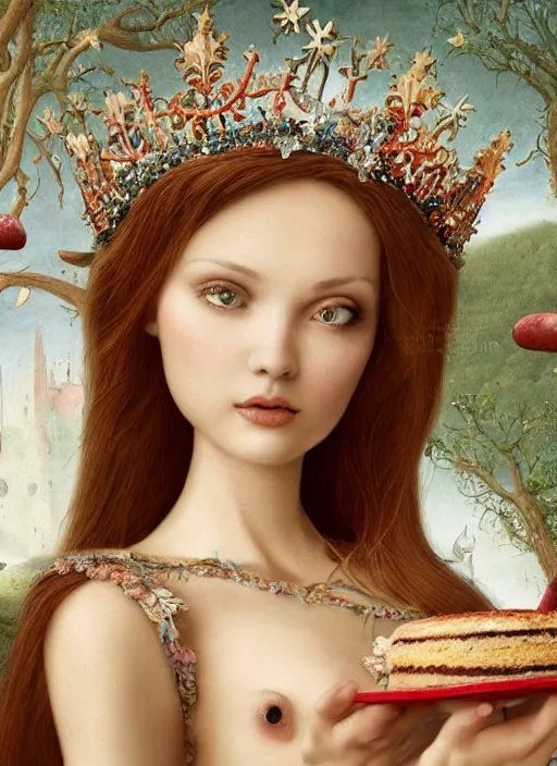 Prompt: closeup medieval bosch face portrait of a fairytale princess wearing a crown eating cakes in the castle, bikini, depth of field, zeiss lens, detailed and intricate environment, fashion photoshoot by nicoletta ceccoli, mark ryden, lostfish, breathtaking, 8 k resolution, extremely detailed, beautiful, establishing shot, artistic, hyperrealistic, octane render