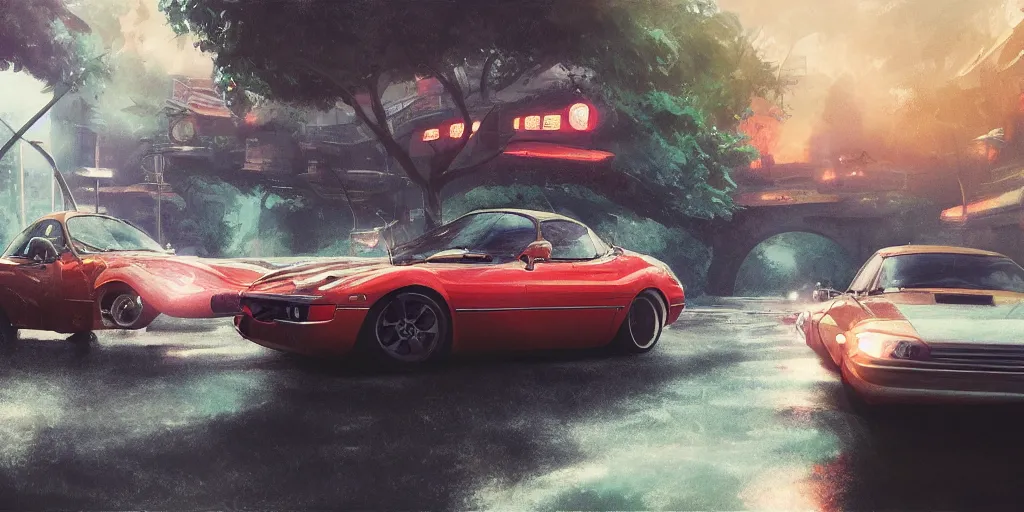 Prompt: a car, cinematic angle, studio Ghibli, volumetric lighting, bold, beautiful composition, intricate, elegant, digital art, detailed oil painting, hyperrealistic, sharp focus, 8k