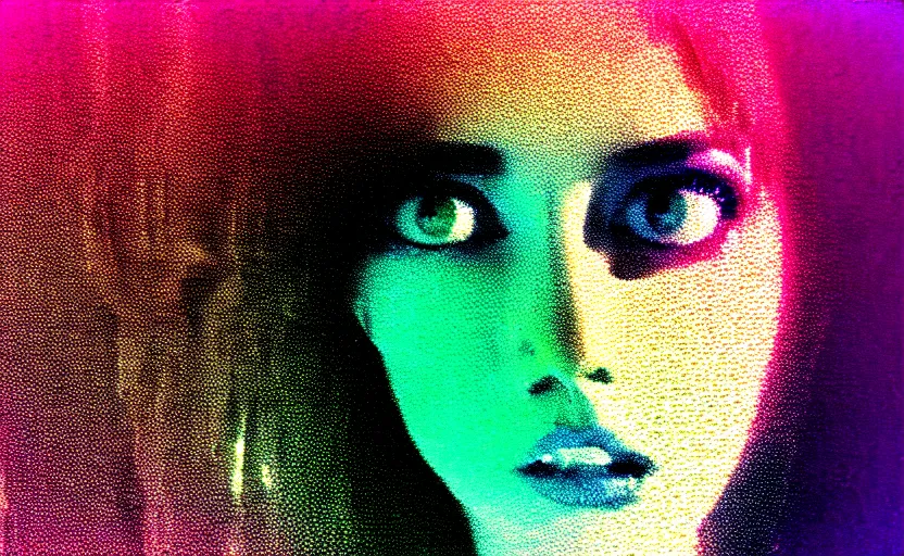 Prompt: vhs glitch art portrait of a frightened woman hidden underneath a sheet, lost in static, glowing eyes, metaphysical foggy environment, static colorful noise glitch volumetric light, by bekinski, unsettling moody vibe, vcr tape, 1 9 8 0 s analog video, vaporwave aesthetic, directed by david lynch, colorful static, datamosh, pixeled stretching