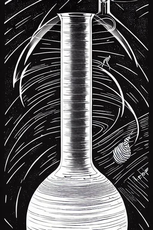 Image similar to an erlenmeyer flask with a caterpillar inside, bold line art, by vincent di fate and joe fenton, inking, etching, screen print, masterpiece, trending on artstation, sharp, high contrast, hd