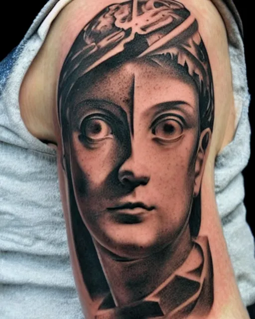 Prompt: planets on the top of a broken renaissance head statue, realism tattoo design, hyper - realistic, in the style of tony santos
