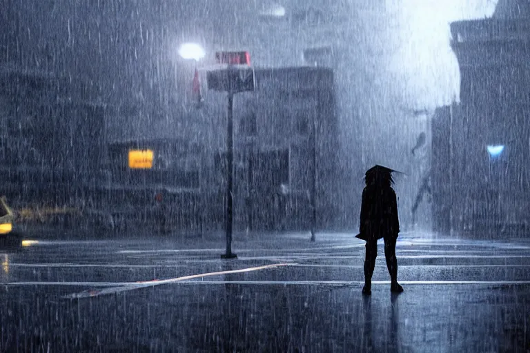 Image similar to vfx marvel sci-fi woman black super hero robot photo real, city street cinematic lighting, rain and fog by Emmanuel Lubezki