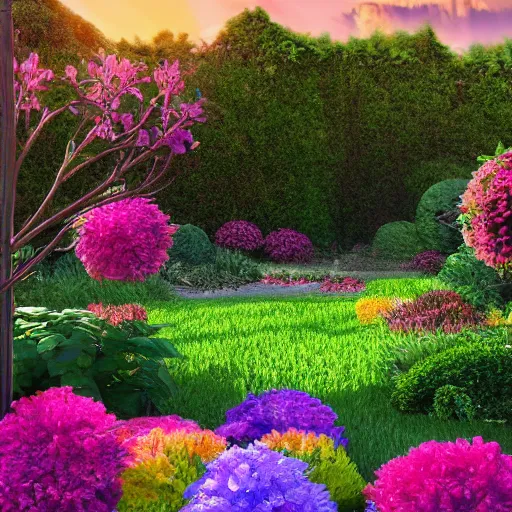 Image similar to A beautiful (((garden))), with a variety of (((colorful))) flowers and ((lush)) green (plants), set against a backdrop of a stunning sunset, trending on artstation, artstationHD, artstationHQ, photorealistic imagery, 3D art, 4k, 8k