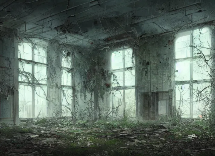 Image similar to abandoned high school overtaken by plants and nature and rot, artstation, high quality, detailed, eerie atmosphere, in the style of Rui Komatsuzaki