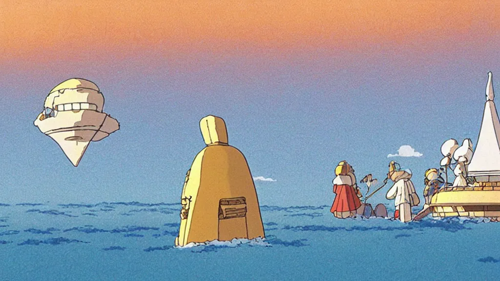 Image similar to a movie still from a studio ghibli film showing a large white pyramid and a golden ufo in the middle of the ocean. by studio ghibli