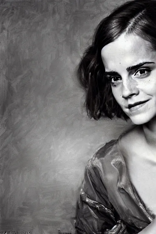 Image similar to emma watson smiling looking up detailed portrait painting by gaston bussiere craig mullins j. c. leyendecker photograph by richard avedon peter lindbergh