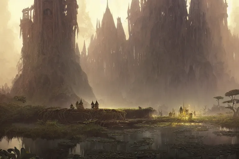 Image similar to old forgotten kingdom surrounded by murky swamps, deep focus, d & d, fantasy, intricate, elegant, highly detailed, digital painting, artstation, concept art, matte, sharp focus, illustration, hearthstone, art by greg rutkowski and alphonse mucha and andreas rocha