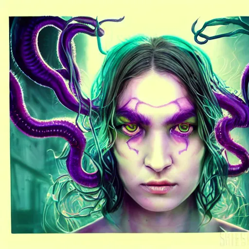 Prompt: detailed photo portrait of a furious teen girl with thin, hair-like purple tentacles on her head and bright purple eyes, 8k,by tristan eaton, Stanley Artgermm,Tom Bagshaw,Greg Rutkowski,Carne Griffiths,trending on DeviantArt, face enhance,hyper detailed ,full of colour, dramatic lightning