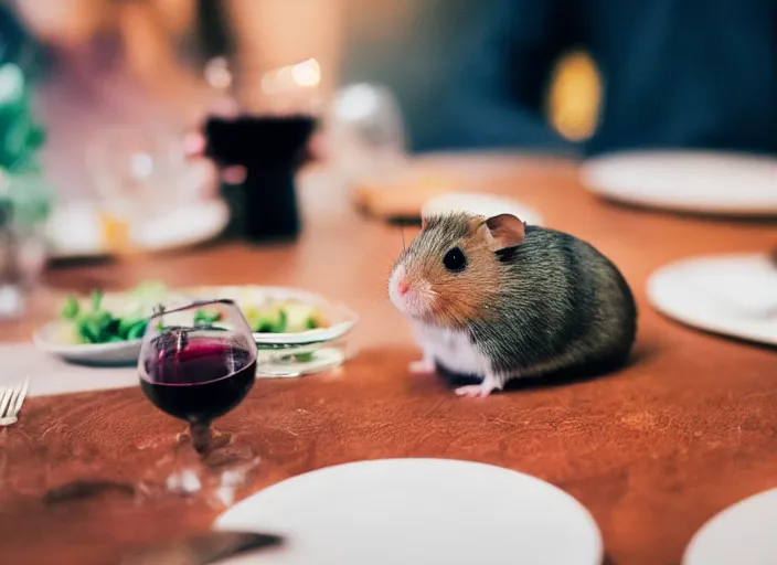 Image similar to photo of a hamsters on a date, drinking red wine, at night, faded colors, candlelit restaurant table, various poses, soft light, centered, sharp focus, 8 k