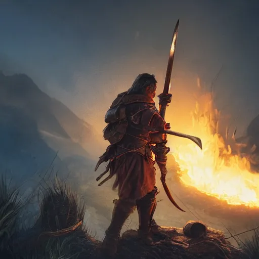 Image similar to adventurer with many weapons strapped to back surrounded by fire, D&D character, 4k, dramatic lighting, incredibly detailed