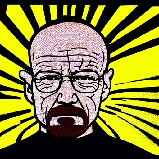 Image similar to multicolor 3 d render of walter white graffiti wearing yellow outfit by roy lichtenstein in 4 k ultra high resolution, with depressive feeling