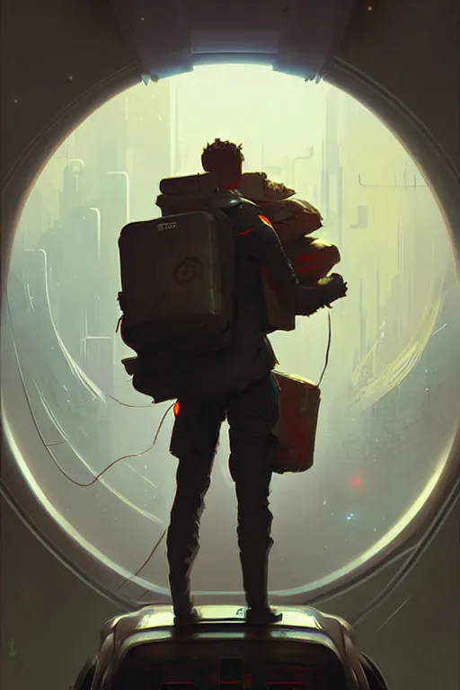 Image similar to greg rutkowski travel poster science fiction futuristic delivery boy