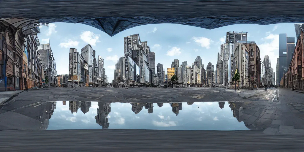 Prompt: equirectangular 360 vr modern urban street , highly detailed, photorealistic, reflections, smooth, sharp focus, concept art, illustration, beautiful, geometric, trending on artstation, cinematic, featured on behance , artwork by WLOP and Tran, Ross
