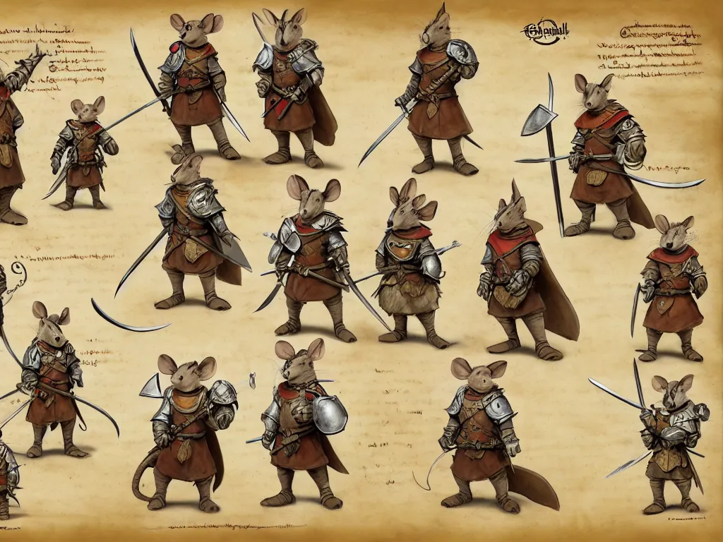 Image similar to character design sheet for a heroic mouse knight with sword and shield on a parchment background, redwall, greg rutowski and jean baptiste monge, very very detailed, epic fantasy concept art