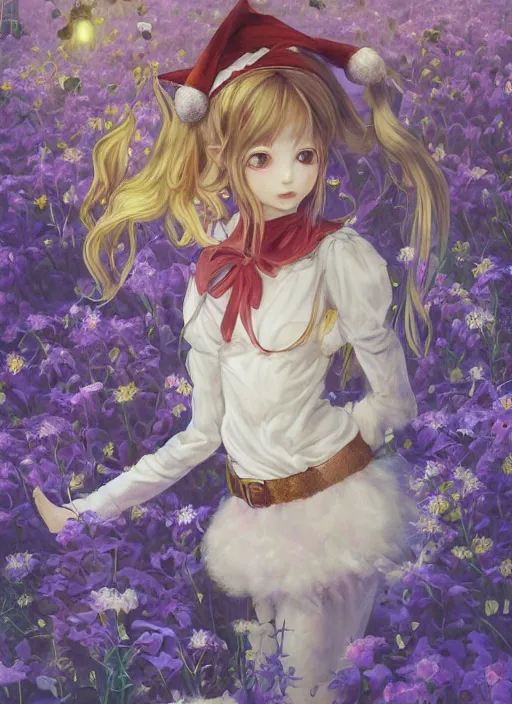 Image similar to little elf girl, santa claus suit, soft hair. light color palate, purple, yellow and white. detailed soft painting, ayami kojima, made in abyss, anatomically correct, ilya kuvshinov, inspired in balthus, high detailed face anime, vogue magazine, glorious composition, mobile wallpaper