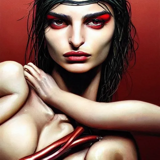 Image similar to Emily Ratajkowski is a bio mechanical cyborg, physically accurate, very dramatic dynamic lighting, intricate, very very elegant, blood red pool of water, highly detailed, digital painting, artstation, very hyperrealistic, HR GIGER, Hieronymus Bosch, Francis Bacon, concept art, smooth, sharp focus, illustration, art by artgerm and greg rutkowski and alphonse mucha