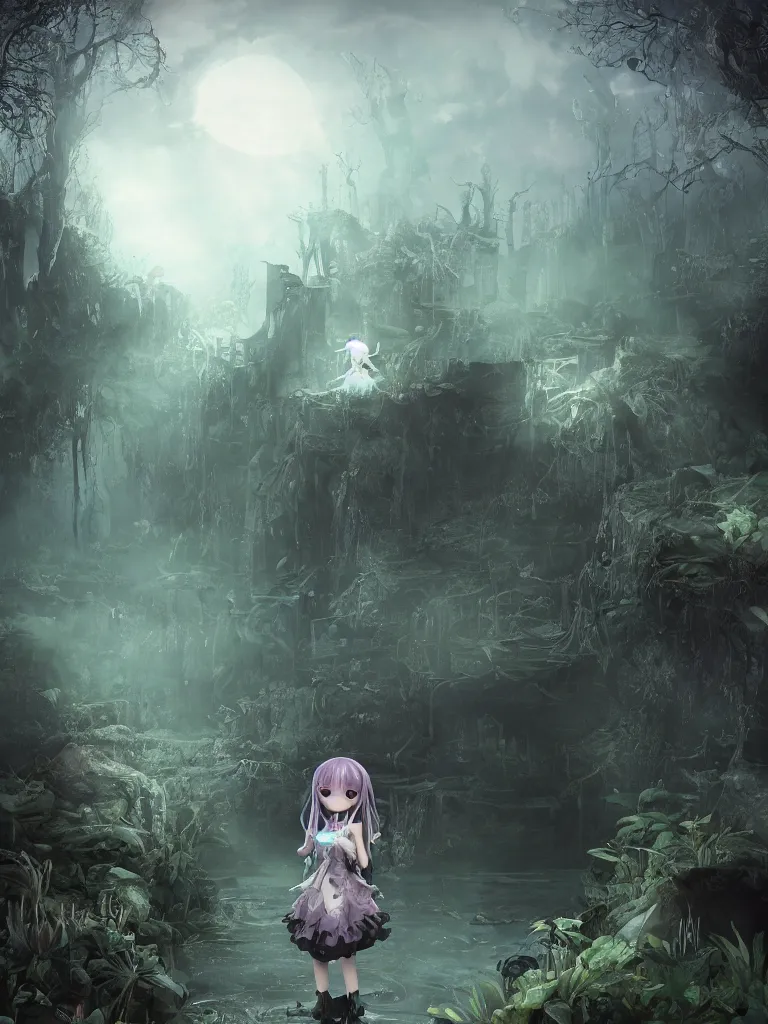 Prompt: cute fumo plush of a frail cursed witch girl wandering the depths of the forbidden jungle, gothic wraith maiden, wispy smoke and volumetric fog on the reflective surface of a pond, delapidated ruins, filmic, symmetric beauty, moonlight midnight glow, vignette, vray