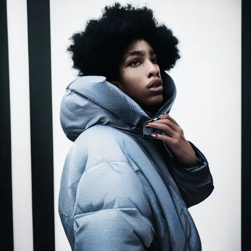 Image similar to realistic! photoshoot for a new balenciaga lookbook, color film photography, portrait of a beautiful woman wearing a puffer jacket, photo in style of tyler mitchell, fisheye lens