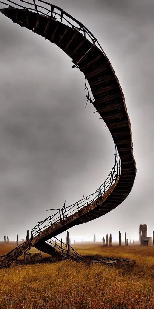 Image similar to rusty broken building constructions of a giant spiral upside - down staircase for multiple cases, leading to the sky, the ruins, in the steppe, autumn field, misty background, from the game pathologic 2, highly detailed, sharp focus, matte painting, by isaac levitan and asher brown durand,