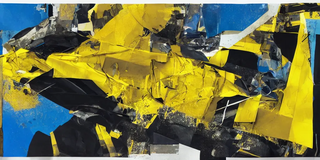 Prompt: rendered in blender car crash test, yellow, blue and black, collage paper and tape, acrylic on canvas, hyperrealism mixed with expressionism, high resolution, cinematic, unreal 6, breathtaking detailed, by blake neubert