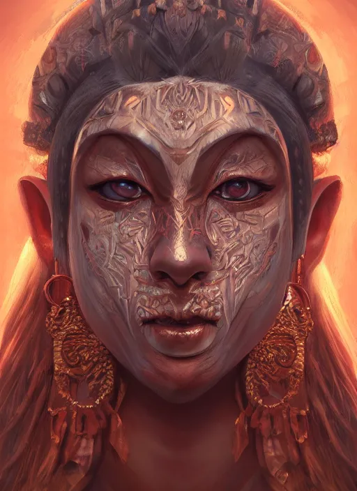 Image similar to a beautiful detailed oil on copper art illustration of a oni mask woman, centered, by charlie bowater, zeng fanzh, trending on artstation, dim dusk lighting, cinematic lighting, detailed lighting, volumetric lighting, realistic, f 8, 4 k hd wallpaper