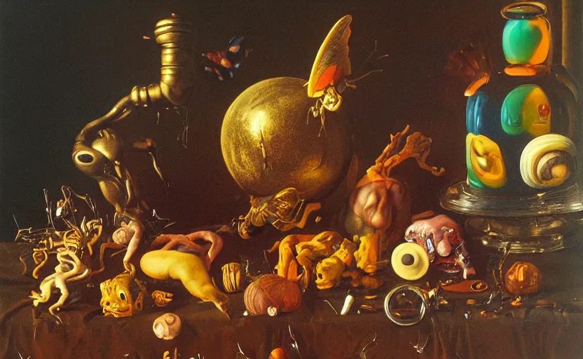 Image similar to disturbing colorful oil painting dutch golden age vanitas still life with bizarre objects strange gooey surfaces shiny metal bizarre insects rubber rachel ruysch dali todd schorr very detailed perfect composition rule of thirds masterpiece canon 5 0 mm, cinematic lighting, photography, chiaroscuro, film, kodachrome