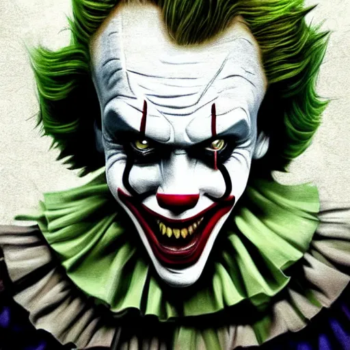 Image similar to pennywise as the joker, artstation hall of fame gallery, editors choice, #1 digital painting of all time, most beautiful image ever created, emotionally evocative, greatest art ever made, lifetime achievement magnum opus masterpiece, the most amazing breathtaking image with the deepest message ever painted, a thing of beauty beyond imagination or words, 4k, highly detailed, cinematic lighting