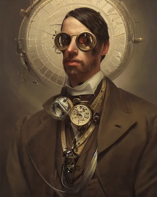 Image similar to epic portrait of victorian man scientist, steampunk, ethereal, highly detailed, intricate details, symmetry, golden ratio, photorealistic, 8k, hd, very sharp details, oil painting by rutkowski and stalenhag, artstation