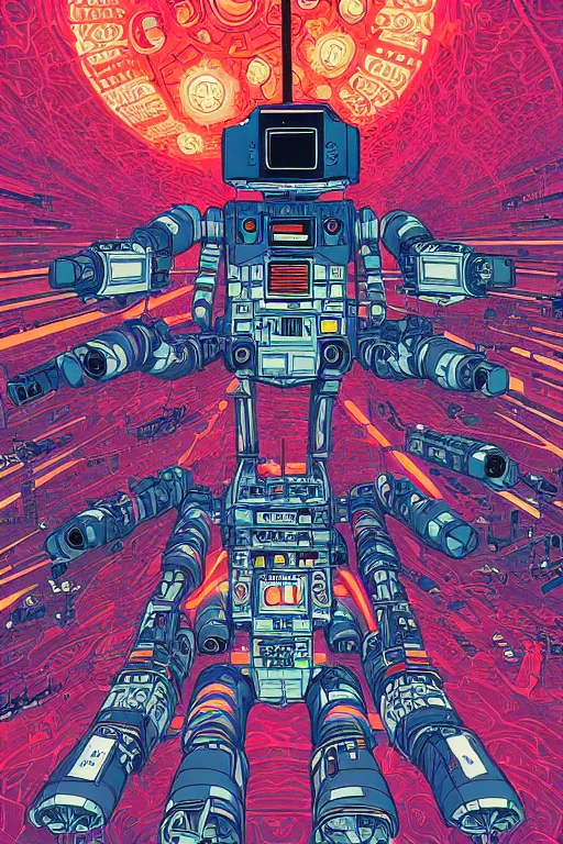 Prompt: drawing of an international space station filled with electronic equipment, japanese gundam mech, robots, led screens, droids, a detailed comic panel by kilian eng, moebius, featured on deviantart, psychedelic art, psychedelic, dmt