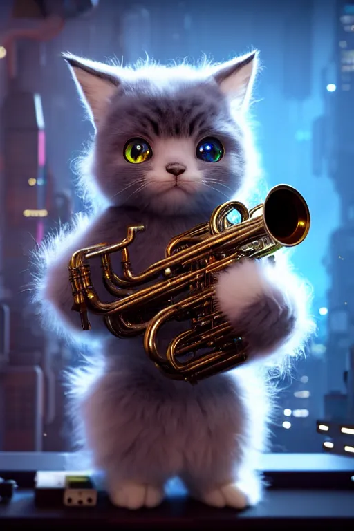 Prompt: high quality 3 d render very cute fluffy cyborg!! cat plays trumpet, cyberpunk highly detailed, unreal engine cinematic smooth, in the style of blade runner & detective pikachu, hannah yata charlie immer, moody light, low angle, uhd 8 k, sharp focus