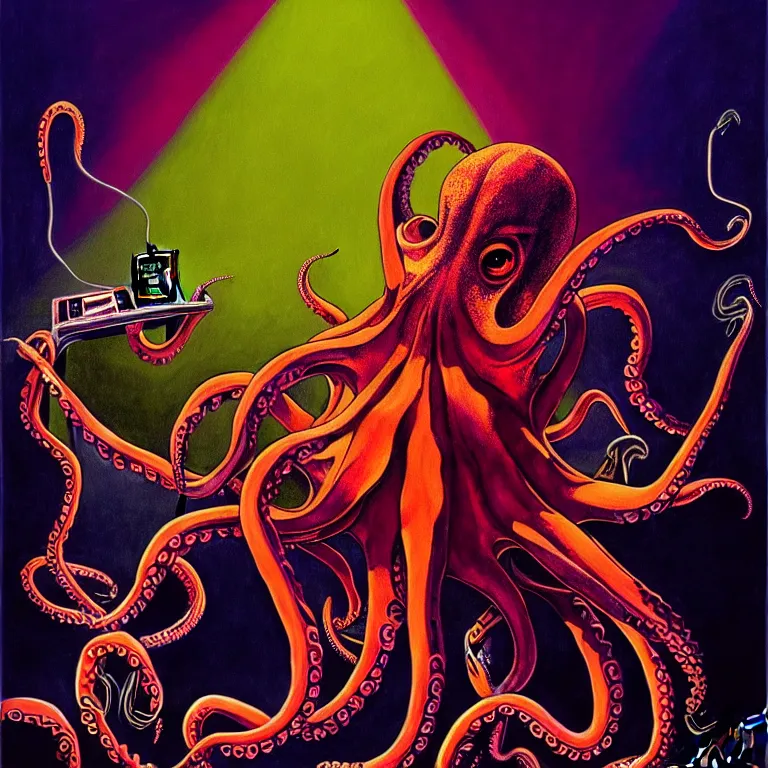 Prompt: a beautiful painting by gerald brom of an octopus playing drums and telecaster guitar in an electronic concert, touchdesigner background, concert light, dark mood, warm neon lights