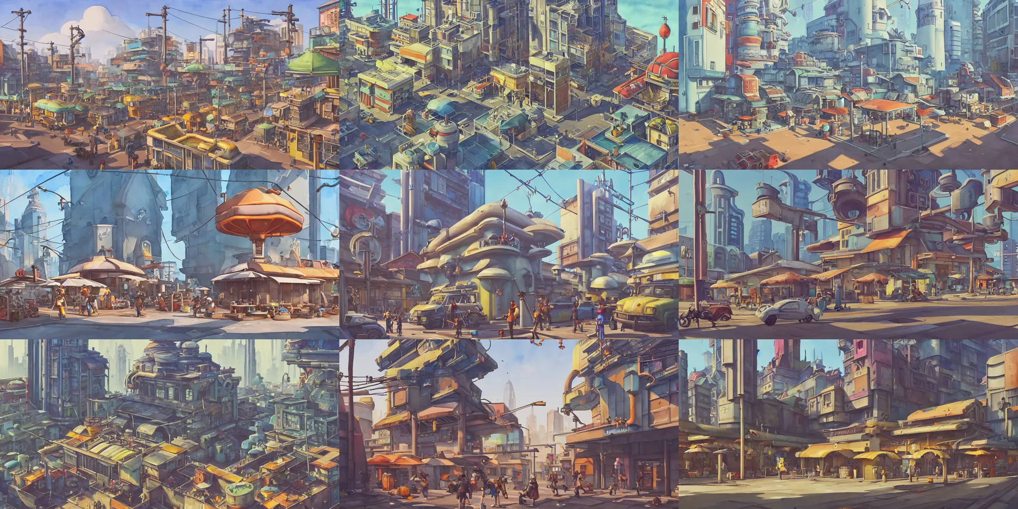 Prompt: overwatch building, stylized, exterior, architecture, in watercolor gouache detailed paintings, insanely detail, artstation, 8 k, futuristic, big medium small, arcane, simon stalenhag, food stall, interesting shapes & form, hard surface, props, decoration, megastructures, wes anderson, japanese downtown, utopia, slums