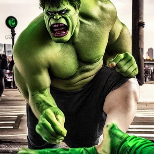 Prompt: green hulk fighting the joker. live action