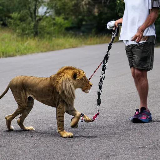 Prompt: a human taking his pet lion for a walk