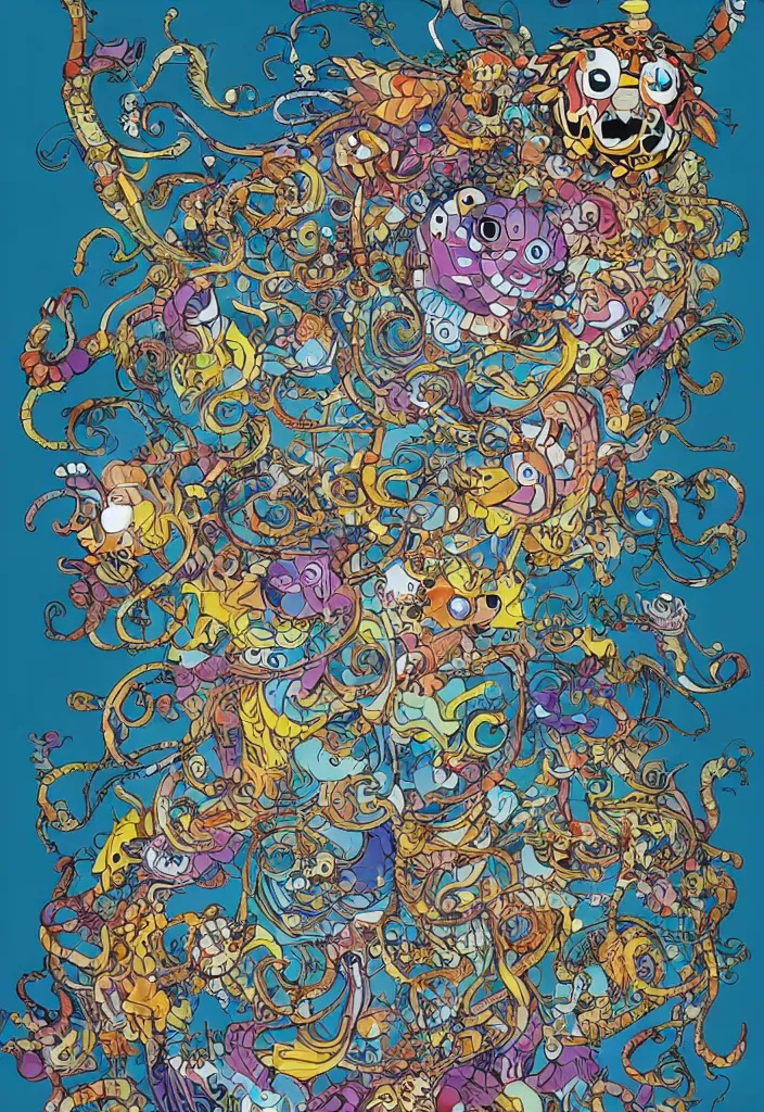 Image similar to bicameral humanoid mythical beast, fantastical, cute, and beautiful hybrid of different animals, a humorous psychedelic creature concept design by Moebius, Studio Ghibli, in the style of Takashi Murakami, symmetrical 4K