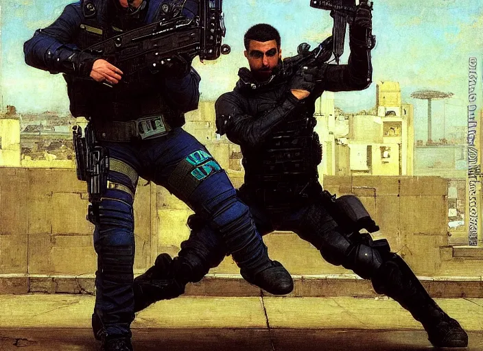 Prompt: Javier evades sgt Griggs. blue Cyberpunk hacker escaping Menacing Cyberpunk police trooper griggs wearing a combat vest. (dystopian, police state, Cyberpunk 2077, bladerunner 2049). Iranian orientalist portrait by john william waterhouse and Edwin Longsden Long and Theodore Ralli and Nasreddine Dinet, oil on canvas. Cinematic, vivid colors, hyper realism, realistic proportions, dramatic lighting, high detail 4k