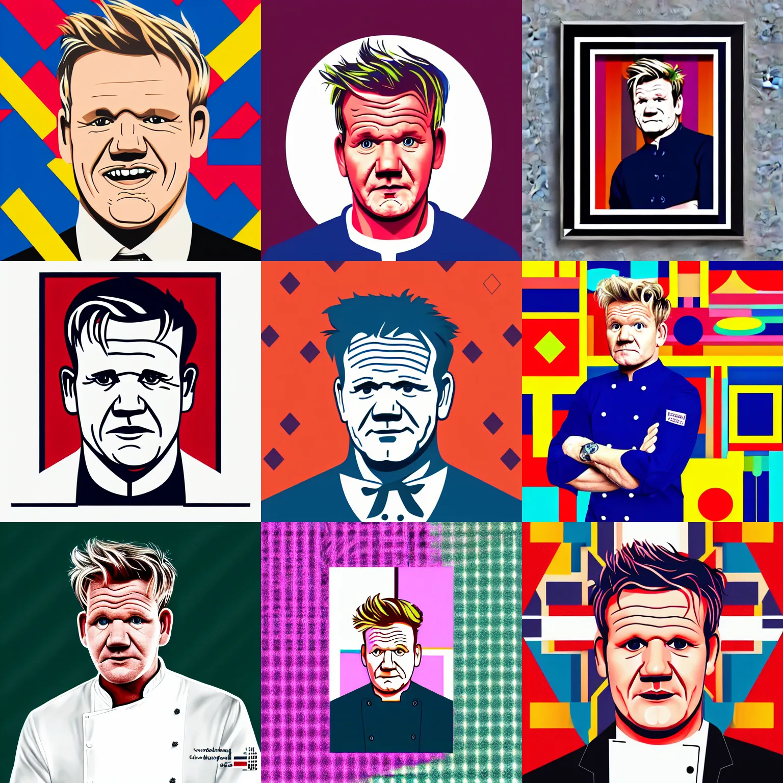 Prompt: A portrait of Gordon Ramsay wearing a chef uniform, digital art, geometric shapes, rounded corners, candy colors