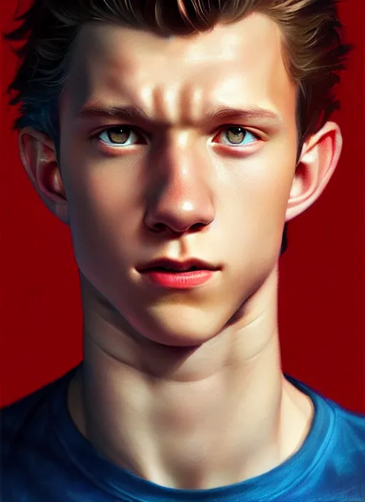 Image similar to portrait of tom holland with hazel eyes, hazel colored eyes, red shirt, intricate, elegant, glowing lights, highly detailed, digital painting, artstation, concept art, smooth, sharp focus, illustration, art by wlop, mars ravelo and greg rutkowski