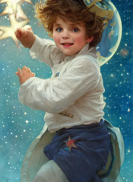 Image similar to a cute little boy with a narrow mischievous face, blue eyes, and tousled blonde hair smiles as he floats in space with stars all around him. he is wearing a turquoise outfit. beautiful painting by artgerm and greg rutkowski and alphonse mucha