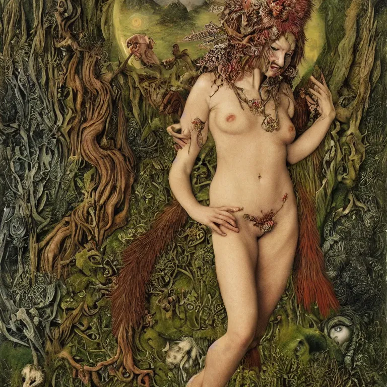 Prompt: a grinning druid dryad with goat pupils transforming herself into a mad beast. her skin is covered in scales and feathers. landscape with mountains, river and night sky. painted by jan van eyck, max ernst and ernst haeckel, trending on artstation, 8 k, award winning, hard lighting, fashion editorial, mythology, ernst fuchs