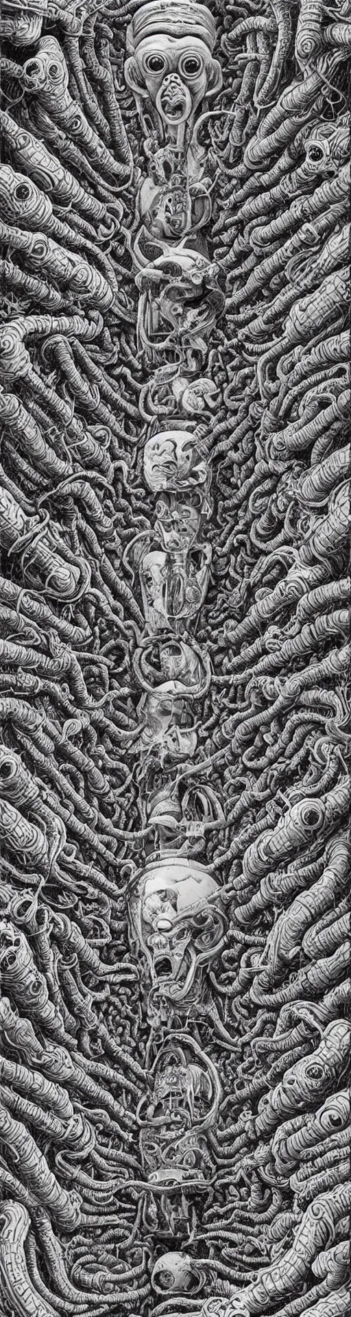 Prompt: astronauts and aliens and flying saucers dissolving into melted liquid braids, cubensis, aztec, basil wolverton, r crumb, hr giger, mc escher, dali, muted colors